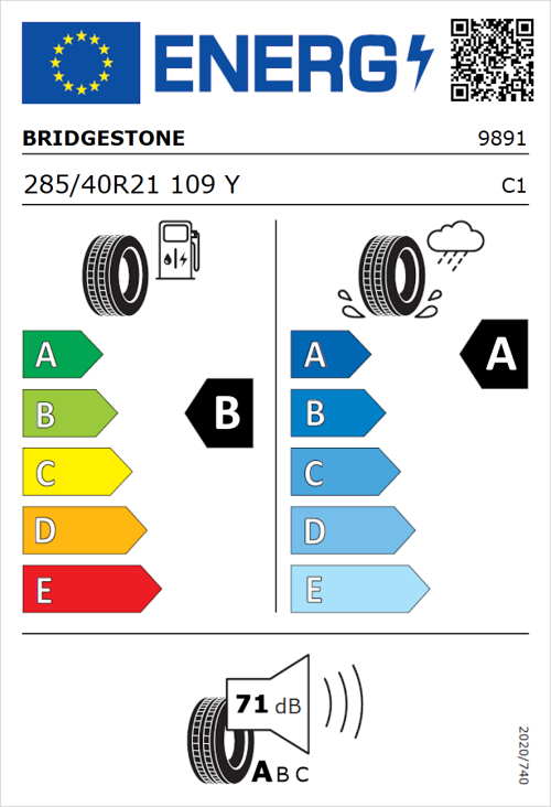 Tyre Label for Bridgestone Alenza 001 285/40R21 109Y