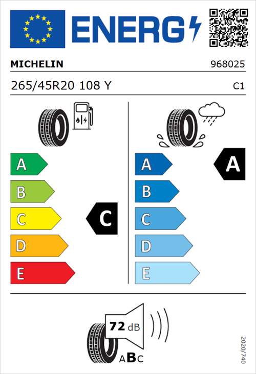 Tyre Label for Michelin Pilot Sport 4 SUV 265/45R20 108Y