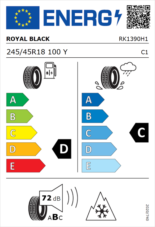 Tyre Label for Royal Black Royal A/S 245/45R18 100Y