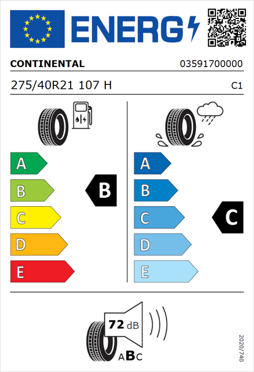 Tyre Label for Continental CrossContact RX 275/40R21 107H