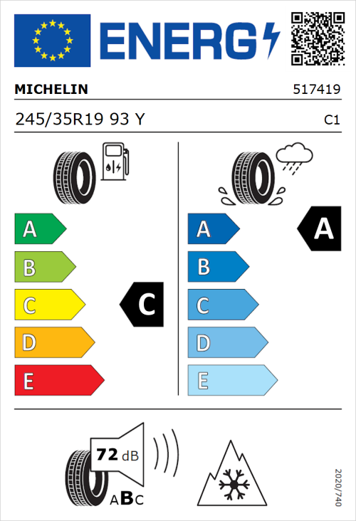Tyre Label for Michelin CrossClimate 3 245/35R19 93Y