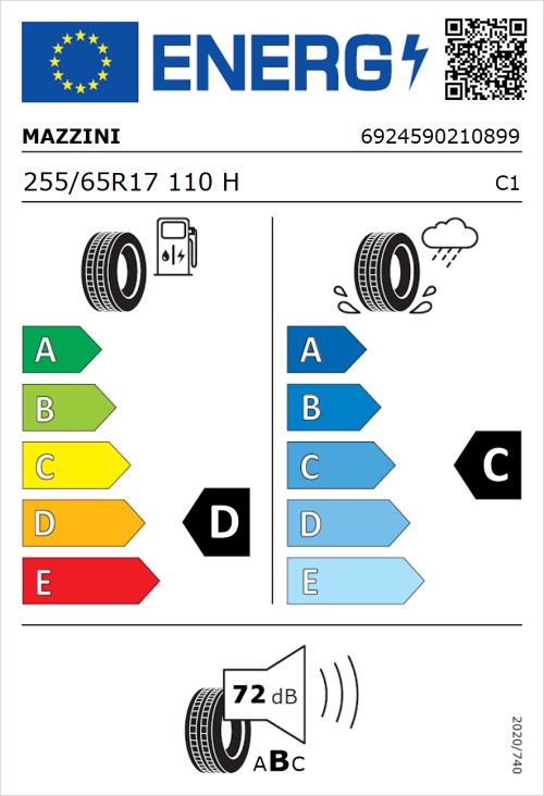 Tyre Label for Mazzini Ecosaver 255/65R17 110H