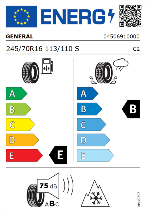 Tyre Label for General Grabber AT 3 245/70R16 113/110S